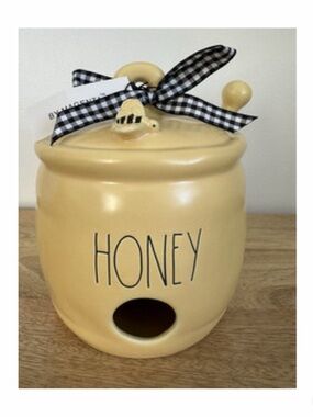 NEW Rae Dunn 'Honey' Honey Pot Shaped Bird House with Bee & Dipper Handle Figure